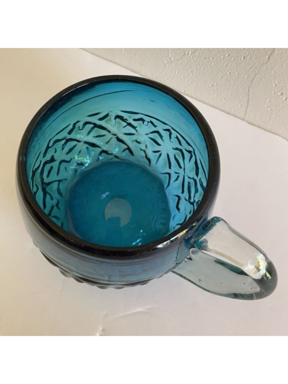 Blue Glass Hand Blown Coffee Mug Cup With Clear Glass Applied Handle 8oz - Picture 3 of 10